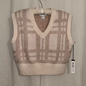 William Rast XS Oversized V-neck Plaid Beige Tan Cropped Sweater Vest